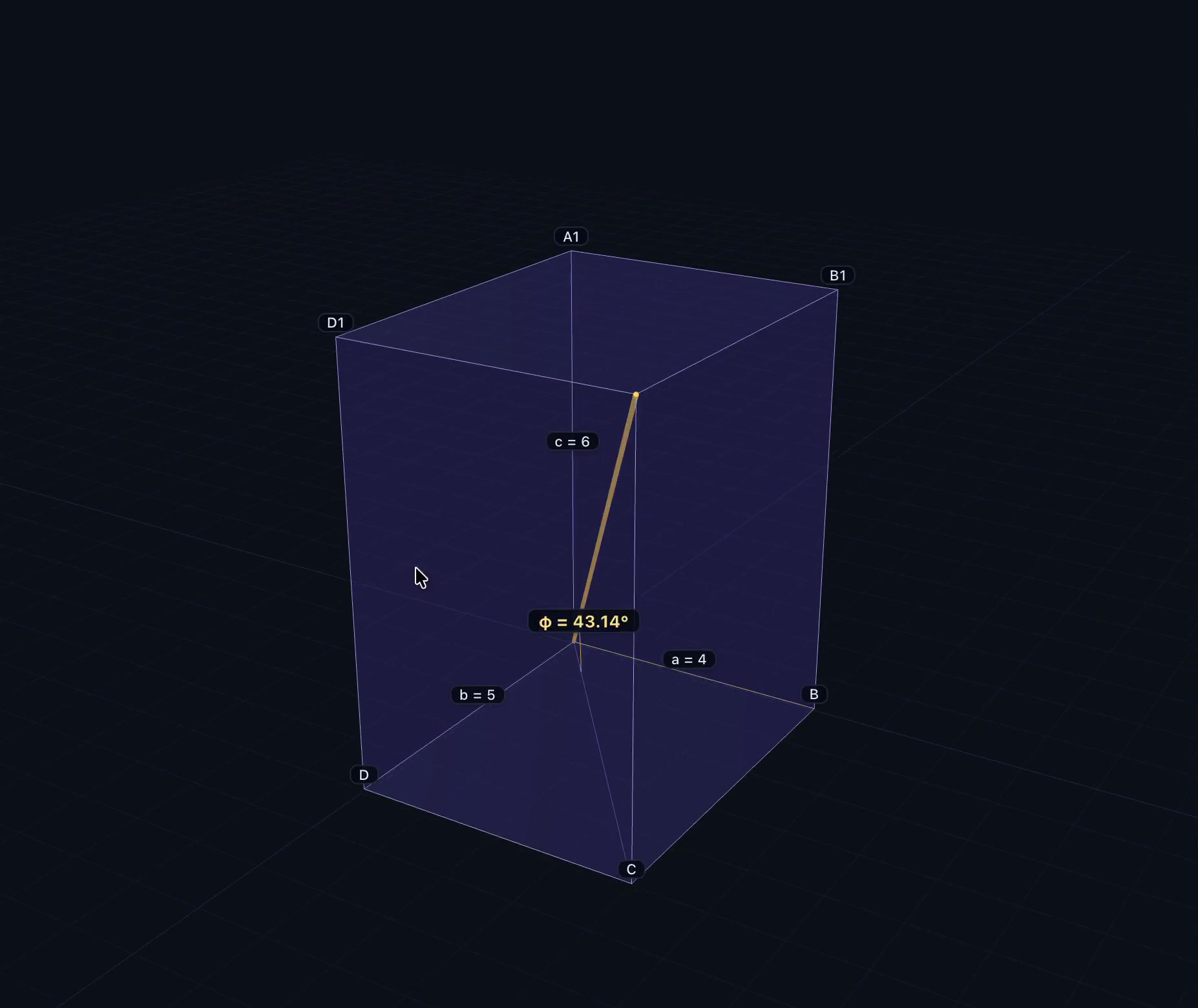 Depth 3D view: a cuboid with its space diagonal and the angle φ = 43.14° highlighted
